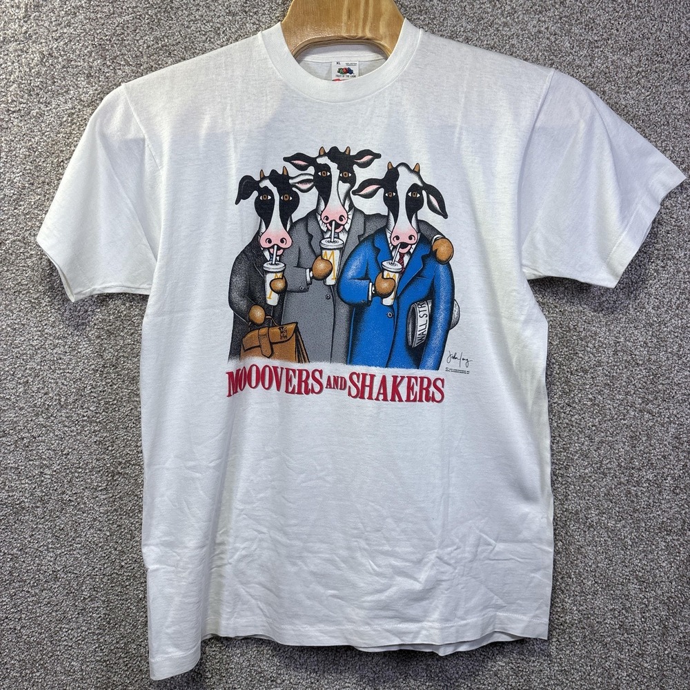 Vintage Fruit Of The Loom Shirt Mens XL White Mooovers‎ Shakers Cow Tee 80s